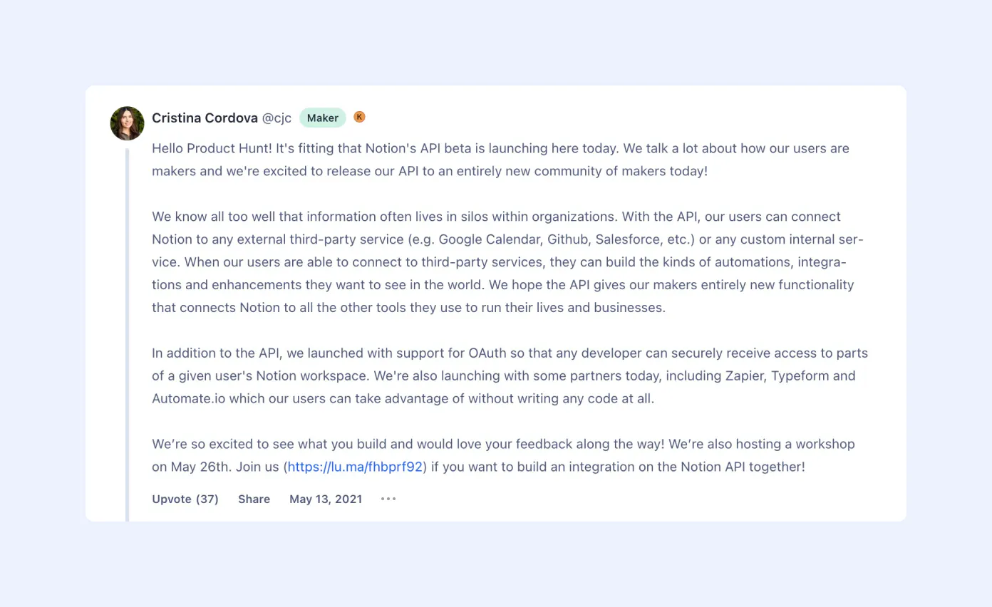 First comment on Product Hunt post